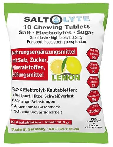 SALTOLYTE 10 Chewing Tablets Lemon in Sachet, Salt and Electrolyte Chewable Tablets with Sodium, Magnesium, Potassium, Calcium - Lemon Flavour