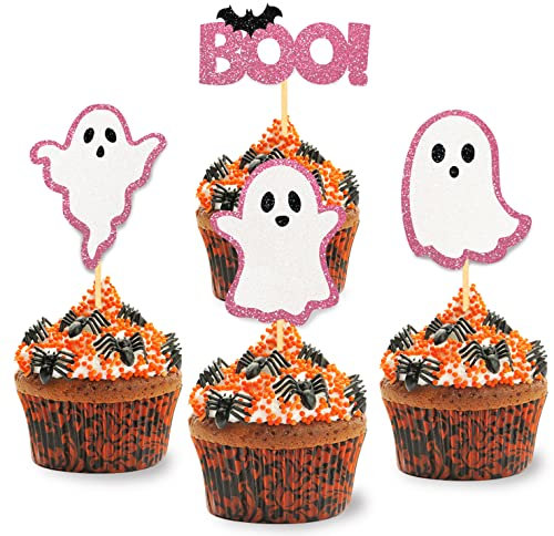 24 Stück Glitzer Halloween Cupcake Topper, Geist Kuchendeko, Baby Shower Tortendeko für Party, Babyparty, Geschlecht Verkünden, Schwangerschaft Dekoration (Rosa)