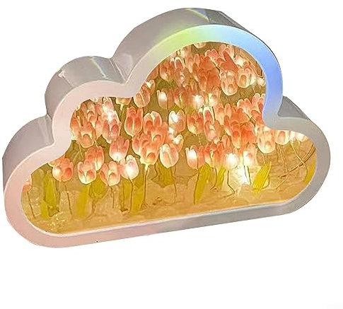 HpLive Blumen Wolke Spiegel Tulpe Lampe, DIY Wolke Tulpe LED Nachtlicht Spiegel Tischlampen Schlafzimmer Ornamente Dekoration (Rosa)