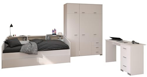 Parisot Jugendzimmer Sleep 42 4teilig Weiß Jugendzimmer Möbel mit Kleiderschrank, Stauraumbett, Bettschubkästen, Schreibtisch