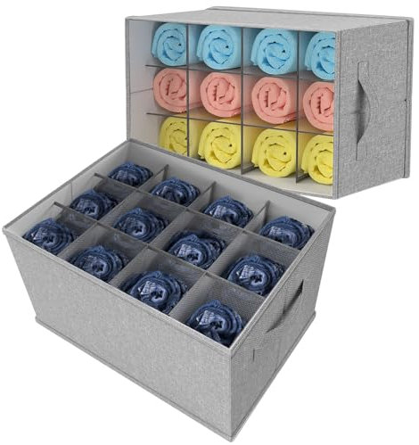 Tangsoo Wardrobe Organiser 2 Pack - 12 Cell Foldable Drawer Dividers for Closet Storage, Clothes Boxes for Pants, Leggings, Sweater, T-shirt (Grey)
