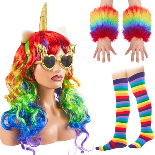 Cindeer Damen Einhorn Kostüm Set inklusive Einhorn Perücke Streifen Regenbogen Kniestrümpfe Bunte Armstulpen Einhorn Partybrille für Erwachsene Karneval Halloween Fasching Mottoparty Verkleidung