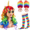 Cindeer Damen Einhorn Kostüm Set inklusive Einhorn Perücke Streifen Regenbogen Kniestrümpfe Bunte Armstulpen Einhorn Partybrille für Erwachsene Karneval Halloween Fasching Mottoparty Verkleidung