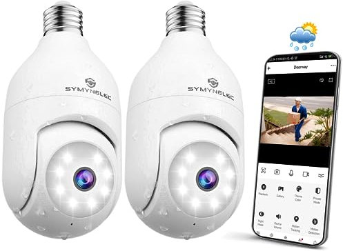 SYMYNELEC Camara de Bombilla Vigilancia WiFi Exterior 2K 4MP, Cámara de Seguridad 360°con Detección Humana AI, Seguimiento Automático, Visión Nocturna a Color, Audio Bidireccional, Alexa, IP65, 2PCS