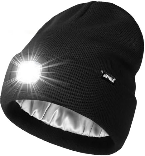 ATNKE LED Beleuchtete Mütze mit Licht,Wiederaufladbare USB 4 LED Beleuchtete Laufmütze Extrem Heller Lampe Winter Warme Satin Seide Gefüttertes Geschenke für Herren und Damen/Black
