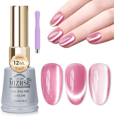 MIZHSE UV Nagellack Glitzer, Moonlight Cat Eye UV Cel Nagellack 12ml UV Gel Nagellack UV, 9D Holografisch Magnet Nagellack Rosa Nagellack Gellack UV Lack mit Magnetstift