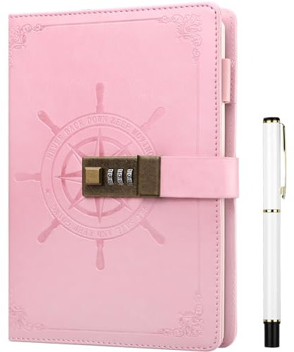 Kesote Lockable Notebook A5 Diary with Lock Leather Cover Lined Notebook for Personal Daily Arrangement Journaling Work Record 212 Pages (Pink)