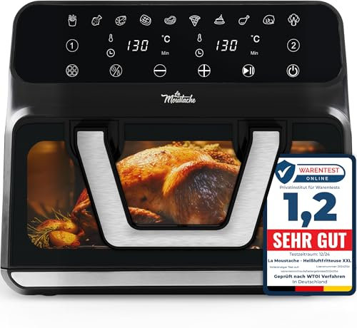 La Moustache - Friggitrice ad Aria 9L Senza Olio 1700W con E-Book, 10 Programmi, Air Fryer Digitale con Cestello Convertibile 2 in 1, Tempo e Temperatura Regolabili (TwinFry)