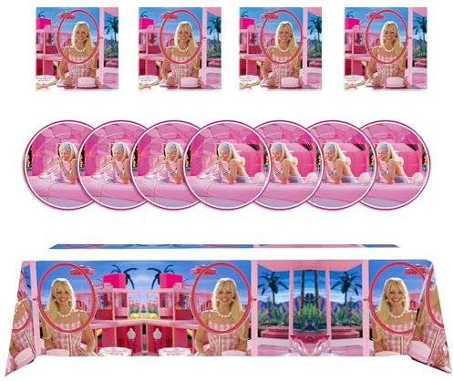 Qemsele Enfants Set de Vaisselle/Fete Vaisselle, 1 Nappe de Table + 20 Assiettes et 20 Serviettes Joyeux Anniversaire Fournitures de décoration de fête pour Soirée, Carnaval et Cadeaux (Barbie)