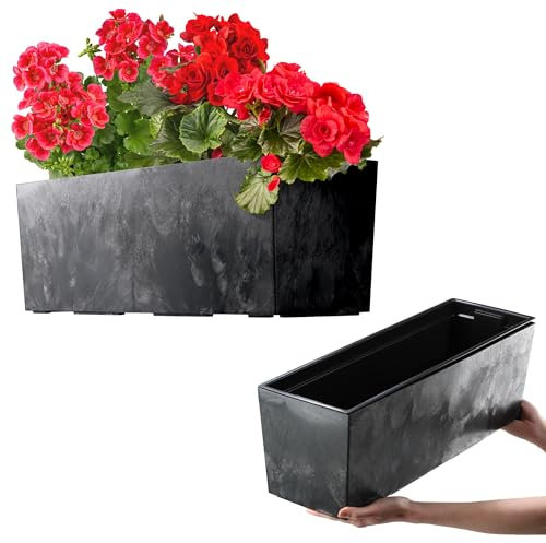 KADAX Jardinière en Plastique, 18,5x56 cm, bac à Fleurs avec Insert, jardinière de Balcon résistante aux intempéries, Pot de Fleurs rectangulaire (Noir, Motif béton)