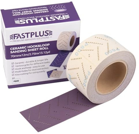 FASTPLUS - Rollo de papel de lija (cerámica, 70 mm x 12 m, rollo de lijado automotriz, multiagujeros, para quitar recubrimientos, lijado automotriz, grano 600