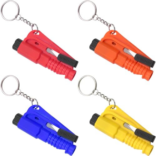 VEGCOO 4 Pièces Brise Vitre Coupe Ceinture, Marteau d'urgence pour Ceinture de Sécurité, Porte-clés de Sécurité pour Voiture de Sécurité et Sifflet de Survie 3-en-1 Multi-outils