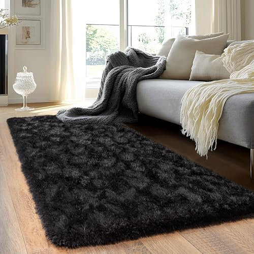 Quntue Schwarzer Läufer für Schlafzimmer, Flur, Flauschiger Überwurf, rutschfest, für Nachttisch, Schlafsaal, lang, weich, für Kinderzimmer, Wohnzimmer