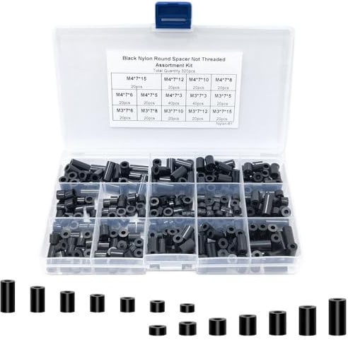 Bmeigo 320PCS Nylon Round Spacers Washers Assortment Kit M3 M4, Black Plastic Spacers Non Threaded Insulation Column Standoff Support Washers, 14 Sizes with Storage Box