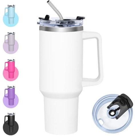 Zyntrix Mug Isotherme avec Paille, 1200ml Gourde Isotherme avec Couvercle Multifonction, Tasse en Acier Inoxydable, Gobelet Café à Emporter avec Poignée, Thermo Tumbler (Blanc)