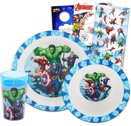 Avengers - Set di stoviglie per bambini, 3 pezzi di accessori da cucina con piatto da pranzo, tazza, adesivi, altro ancora | Set di posate Avengers