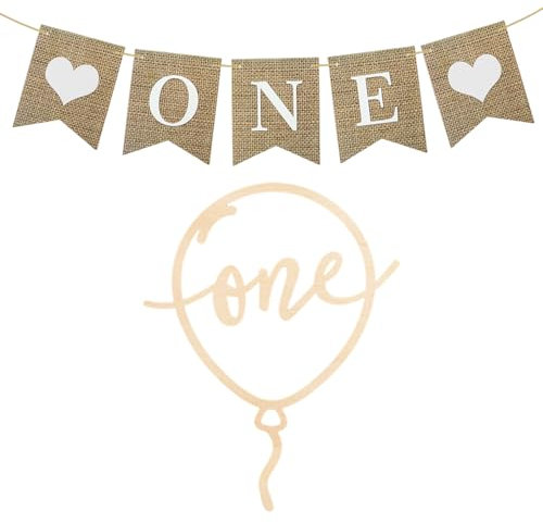 CWPFVQA 1 Balloneinsatz Aus Holz, 1 Zugfahne, 1. Geburtstagskuchendekoration, Eine Geburtstagsdekoration, Einsatzbanner, Geburtstagsparty-Dekoration