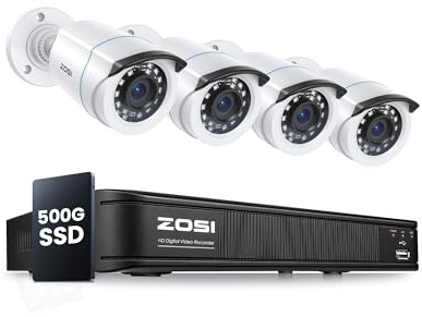 ZOSI Wired CCTV Camera System, 2MP Security Cameras, 8CH 5MP DVR with 500GB | 80ft IR Night Vision, AI Human Vehicle Detection, IP66 Weatherproof Home Surveillance Cameras Outdoor Indoor, Siren Alarm