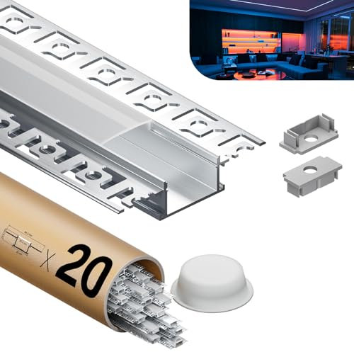 KOSOOM LED Profil Trockenbau 2 m, Lichtdiffusor-Schiene, LED Aluminium Profil Maße 28 mm (Flügel 64,2 mm) × 10 mm, Innenbreite 20,2 mm, mit Milchweißer PC-Abdeckung (20 stück)