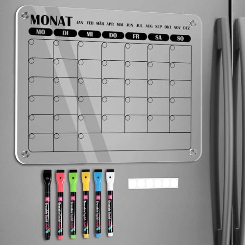 BIROYAL Acryl Kalender für Kühlschrank, Magnetisch Wochenplaner Abwischbar, Kühlschrank Planer Magnetisch, Acrylic Calender Set, Magnettafeln Familienplaner, Haushaltsplaner (Deutsch-Schwarz)