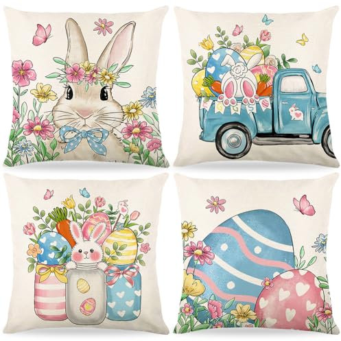4 Stück Kissenbezug Ostern,40x40cm Osterdeko Leinen Kissenhülle,Osterdeko,Frühling Urlaub Kissenbezug Dekoration,Osterhase Kissenhülle,Hase Kissenbezüge Häschen Ostereiern,Für Zierkissenhülle Sofa (A)