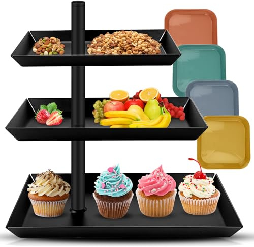 GZhaizhuan Obst Etagere mit 3 Etagen, Schwarz Stahl Etagere 360° Drehbares Food Display Servierplatte für Dessert, Kuchen, Gebäck, Keks, Nuss, Obst, mit 4 Plastikpalette