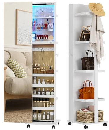 Gurexl 360° Rotating LED Jewelry Armoire, Full Length Mirror with Jewelry Storage Rear Storage Shelves, Floor Standing 3 Color Dimmable Mirror Jewelry Organizer with 4 Lockable Wheels (White)