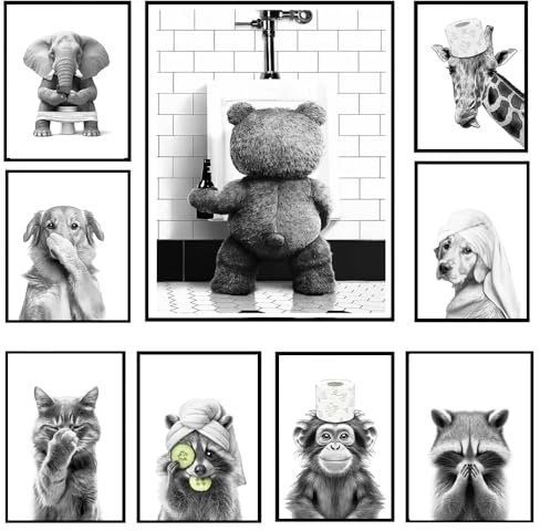 BeiYiHo Poster Humoristique pour WC Affiche Ours Toilette Affiche Humour Animaux Decoration Murale WC Tableau Toilette Deco Murale Photo Drole Poster Noir et Blanc Animaux 21x30