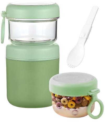NEXROLA Taza de Yogurt 860 ml, Vaso para Yogurt y Cereales de Acero Inoxidable, Taza de Cereales para llevar, Vaso para Muesli con Cuchara, Ensalada to go (Verde)