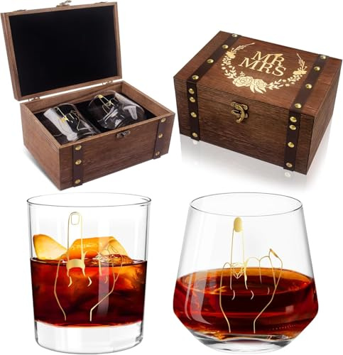 JUSTOTRY Hochzeitsgeschenke für Brautpaar Mr und Mrs Gläser mit Ring Muster,Partner Geschenke Glass mit Holz Erinnerungsbox für Verlobungsgeschenk,Paar Geschenke und Geschenk Hochzeit