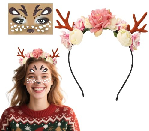 Zasvec Rentier Geweih mit Blumen Reh Haarreif Haarschmuck mit Reh Gesicht Aufkleber Rentier Haarreif mit Blumen Weihnachten Stirnband Elch Kopfbedeckung Rentier Haarband für Feste, Partys