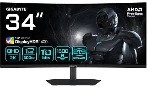 GIGABYTE G34WQC2 34” WQHD Curved Gaming Monitor - 3440 x 1440, 1500R, 200Hz, 1ms, 450 cd/m2, AMD FreeSync Premium, DisplayHDR 400, HDMI 2.0, DisplayPort 1.4