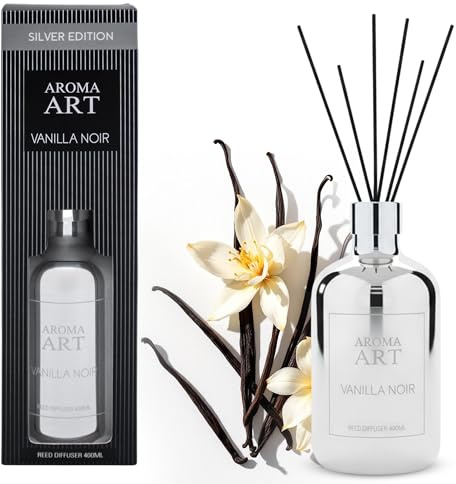 Raumduft im eleganten Silberflacon 400 ml - Vanilla Noir - Duftvase mit 6 Diffuser Sticks - Dekorativer Raumerfrischer Lufterfrischer Raumparfüm Duftdiffuser mit Holzstäbchen
