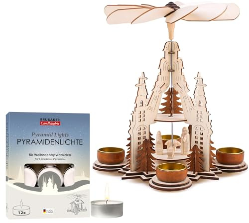 BRUBAKER Weihnachtspyramide Kathedrale inkl. 12er Pack Pyramiden-Teelichter - 29 cm Holzpyramide mit Maria, Josef und Jesus - Teelichtpyramide für Weihnachten - Handbemalt - 2 Etagen - Natur
