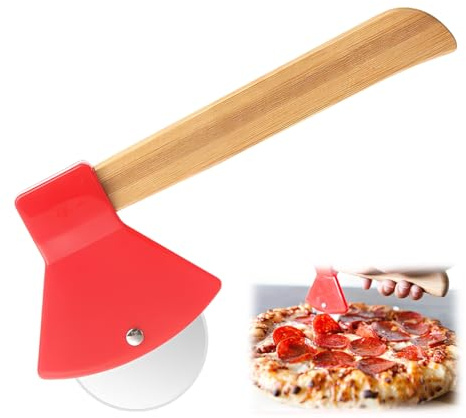Quesuc 1 Pezzo Tagliapizza Ruota Pizza Coltello Pizza Con Maniglia Antiscivolo Forma Ascia Manico Di Bambù Acciaio Inossidabile Per Pizza Torta Waffle Impasto 20X10Cm Ross