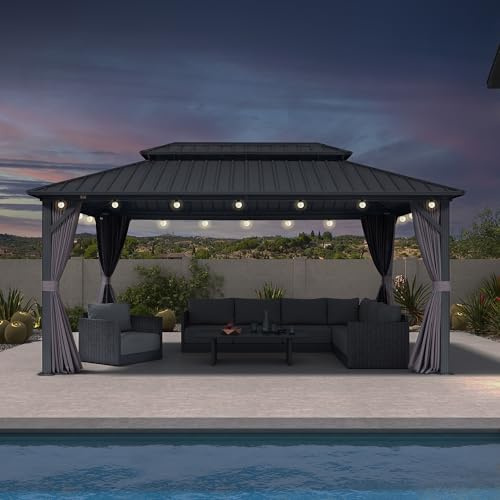 PURPLE LEAF Pavillon 3 x 4.85 m LED Licht Hardtop-Dach Basisch, Grau | Bruchsichere Licht, Voll-Aluminiumrahmen, Doppellagiges, belüftetes Dach, Sichtschutzvorhänge, Insektensicheres Netzgewebe