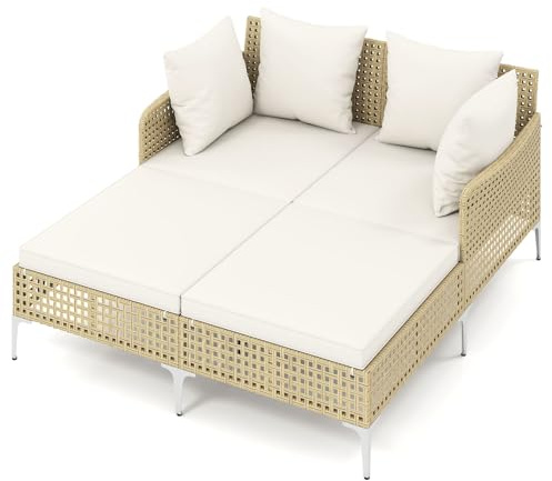COSTWAY Sonnenliege 2 Personen, Rattan Doppelliege mit Sitz- & Rückenkissen, Gartenliege wetterfest, Liegestuhl, Sonnenbett, Outdoor Liege für Garten, Terrasse, Balkon