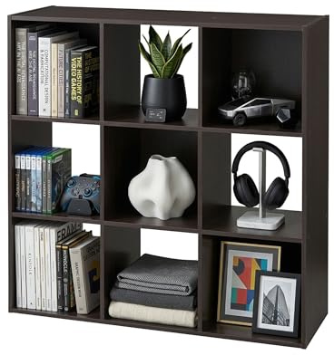 CTESNE【Sturdy Build&Easy Assembly 9 Cube Storage Organizer with Anti-Tipping Kits,Thick Frame Book Shelf,Open Living Room Furniture for Bedroom,Entrance Hall,Office 35.9×11.6×35.9，Chocolate