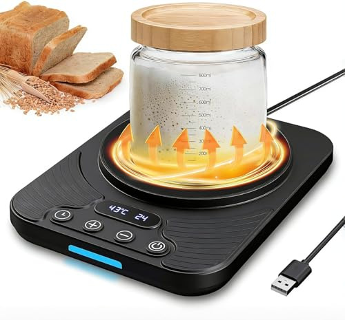 Sourdough Starter Heating Mat with 24H Timer | Adjustable Temperature 21-43°C | Smart Memory | Fits Up to 40oz Jars | for Home Baking & Fermentation