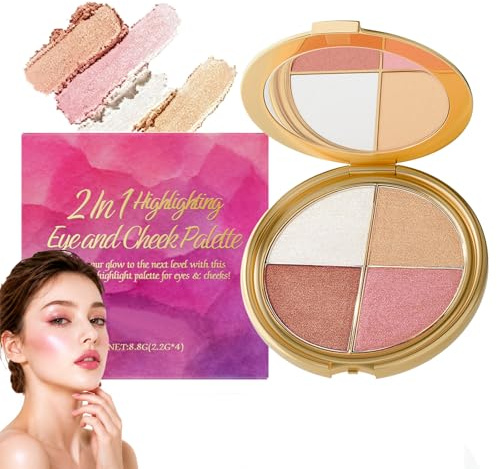 Palette di illuminanti per occhi e guance, 4 colori Highlighter & Blush | Palette di trucchi da viaggio 4 in 1, palette di ombretti e illuminanti, a lunga durata, luminoso, multifunzionale