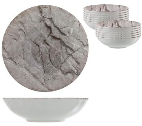 H&H Petra Set 12 Piatti Fondi, Stoneware, Decoro Effetto Pietra, 20 Cm Grigio