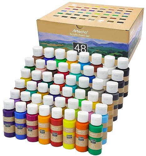 Artecho Acrylfarben Set 48x59 ml, Acrylic Paint Set, Wasserfest und Lichtecht, Schnell Trocknend, ideal für Leinwand, Papier und Stoffe.
