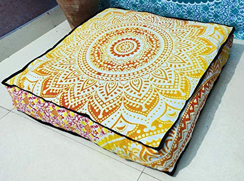 Mandala-Kissenbezug, Barmeri, großes Bodenkissen, Meditationssitz, Ottomane, Überwurf, Hippie, dekorativer Reißverschluss, böhmischer Pouf, Ottomane, Pompons, 61 cm, quadratisch