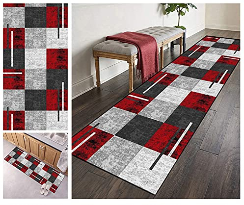 ZVEZVI Teppich Läufer Flur Küche rutschfest Waschbar Grau und Rot 80X300CM Vintage Meterware, Teppichläufer Kücheläufer Polyester Anpassbar