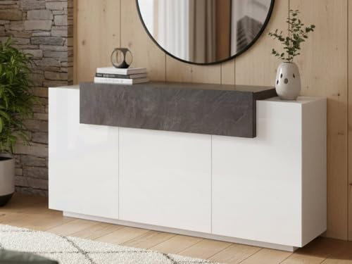 Dmora - Kommode Sirio, 3-türiges Küchen-Sideboard, Wohnzimmer-Buffet, 100 % Made in Italy, 160 x 45 x 86 cm, glänzendes Weiß und Schiefer,