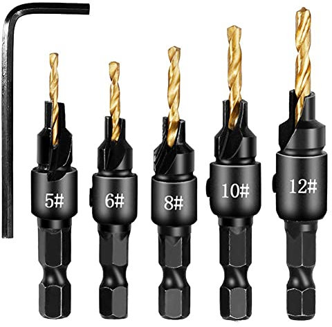 5Pcs Countersink Drill Bit Set,Titanium Plating 1/4inch Hex Shank Power Tools and HSS Quick Change Drill Bit Woodworking Chamfer Tool Adjustable for Wood Drilling,Plastic,Soft Metal,PVC