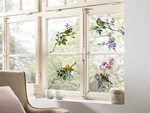 Fenstersticker Vögel - Spring Fever - Größe 31 x 31 cm, 2 Bogen, selbsthaftend und neu platzierbar, Fensteraufkleber, Fensterfolie, Bird, Singvögel, Aquarell, Rotkehlchen, Stieglitz - 16007