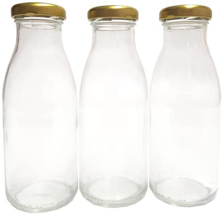 Britten & James 250ml Retro Glass Milk Bottles with Gold Lids (Pack of 3). Cute and Practical - for Homemade Milk and Yoghurts, Decoration and Weddings