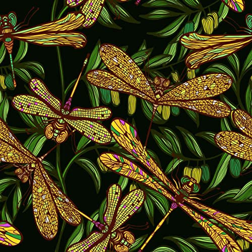 Loussiesd Libellen-Polsterstoff Meterware, dekorativer, mit Libelle bedruckter Polsterstoff für Stühle, Blätter, Äste, Naturvibes, dekorativer wasserdichter Outdoor-Stoff, 92 x 150 cm, dunkelgrün