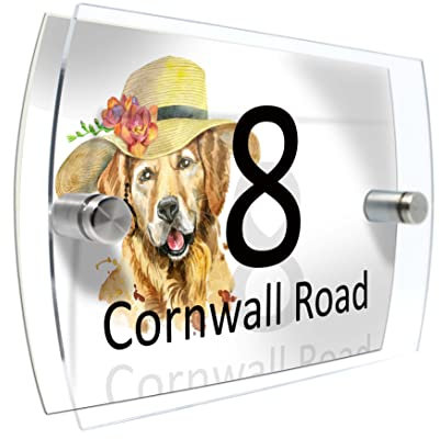 House Number Plaque Sign Door Road Plate for Dog Lovers Personalised Watercolour Print (D424 Golden Retriever)